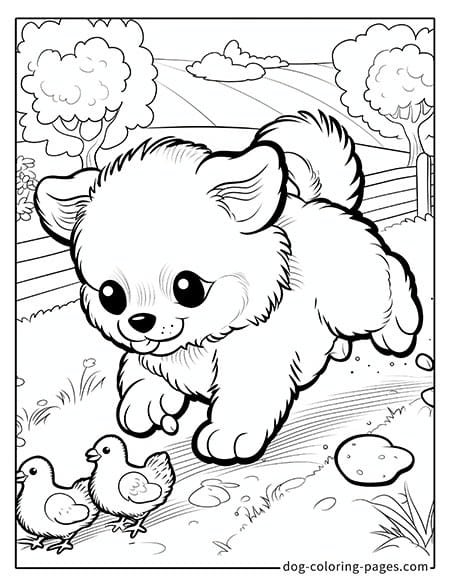 Puppy dog coloring pages - Puppy playing with a chick 3201