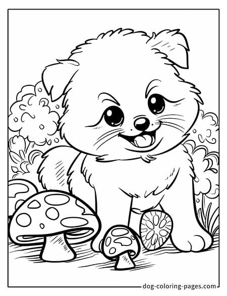 Puppy dog coloring pages - Puppy next to mushrooms 3501