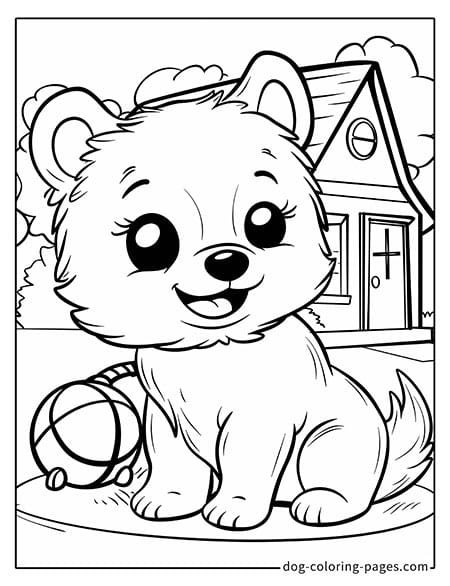 Puppy dog coloring pages - Puppy squatting in front of a house 3601