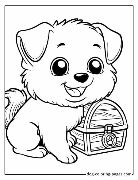 Puppy dog coloring pages - Puppy next to a treasure chest 3701