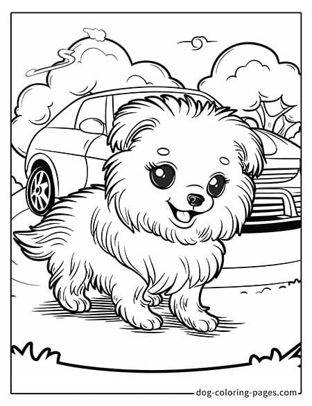 Puppy dog coloring pages - Puppy next to a car 3801