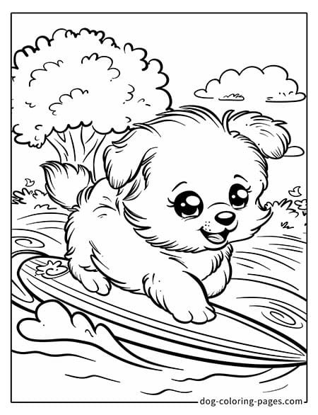 Puppy dog coloring pages - Puppy surfing on a wave 3901