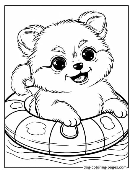 Puppy dog coloring pages - Puppy playing in a swimming ring 4001