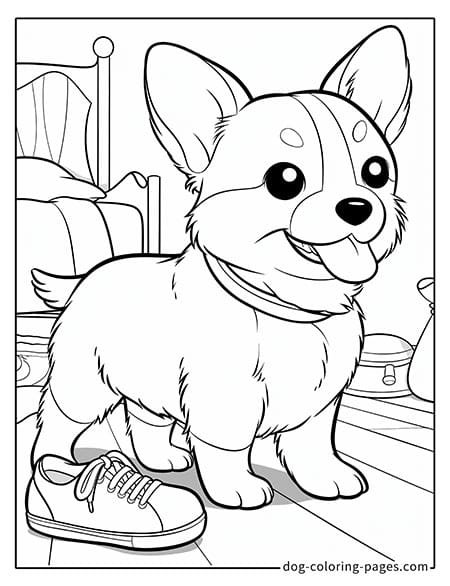 Puppy dog coloring pages - Puppy next to owner's shoes 4101