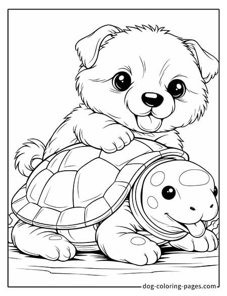 Puppy dog coloring pages - Puppy lying on a turtle 4501