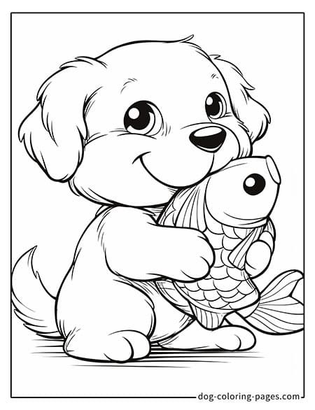 Puppy dog coloring pages - Puppy holding a big fish 4801