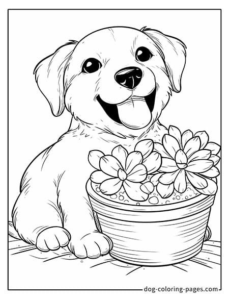 Puppy dog coloring pages - Puppy lying beside a flower pot 5101