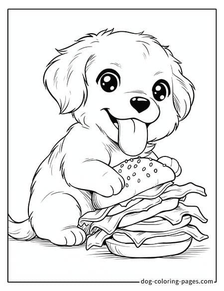 Puppy dog coloring pages - Puppy eating a hamburger 5401