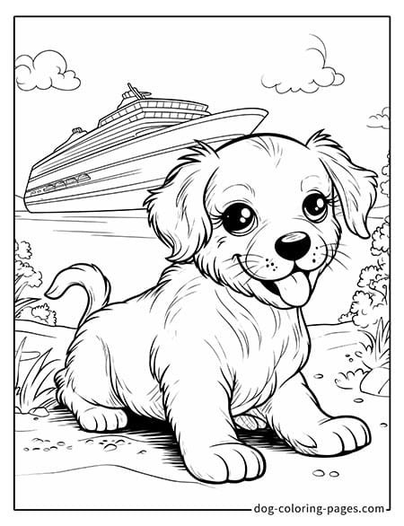 Puppy dog coloring pages - Puppy sitting next to a cruise ship 5501