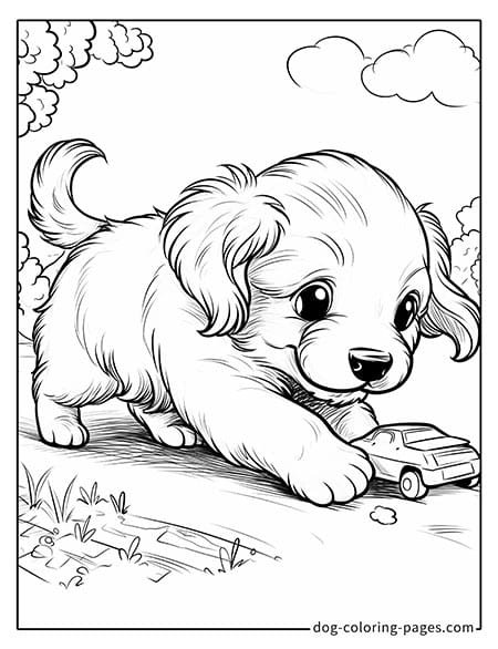 Puppy dog coloring pages - Puppy playing with a toy car 5801