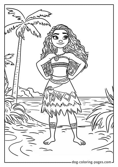 Moana 2 coloring pages featuring Moana standing on a sandy beach.