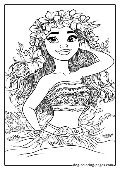 Moana 2 Coloring Pages - Standing in the Water with a Flower Crown 03