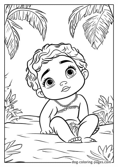 Moana 2 Coloring Pages - Baby Moana Sitting on a Palm Tree 07