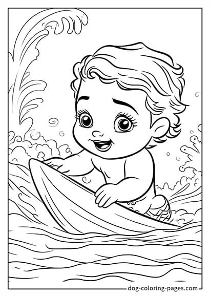 Moana 2 Coloring Pages - Baby Moana Surfing 09