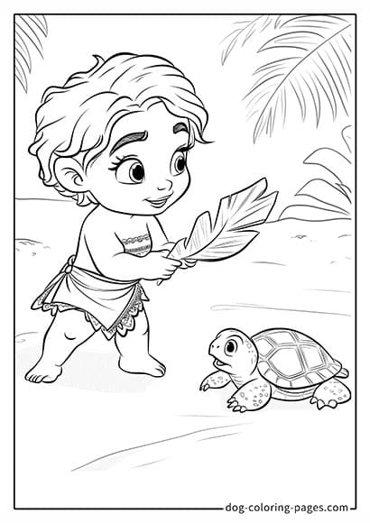 Moana 2 Coloring Pages - Baby Moana Playing with a Turtle 11